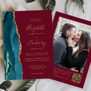 Teal Goud Agate Burgundy Foto QR Code Huwelijk Kaart