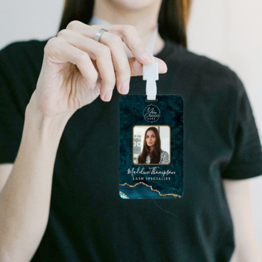 Teal Goud Agate Marmer Zakelijk Logo Bedrijfs-ID Badge