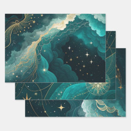 Teal Goud Celestiaal Bloemmotief Marmer Abstract O Inpakpapier Vel