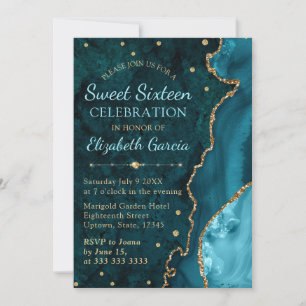 Teal & Goud Glitter Agate en marmeren Sweet 16 Kaart