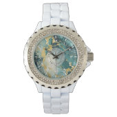 Teal & Goud Marmer Rhinestone Horloge – Wit Emaill (Voorkant)