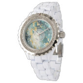 Teal & Goud Marmer Rhinestone Horloge – Wit Emaill (Gekanteld)