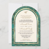 Teal Goud Marokkaanse QR Code Sikh Boog Huwelijk Kaart (Voorkant)