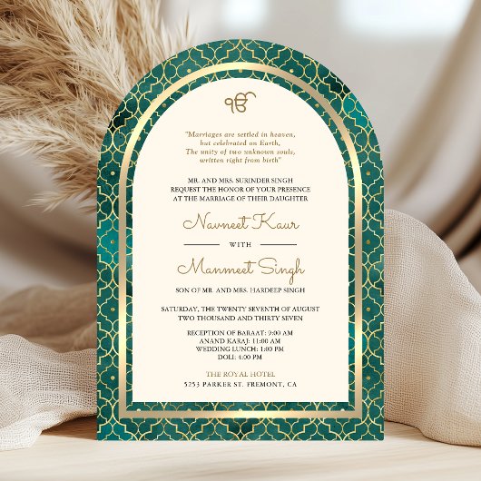 Teal Goud Marokkaanse QR Code Sikh Boog Huwelijk Kaart
