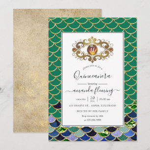 Teal & Goud Monogram Edelsone Zeemeermin Quinceañe Kaart