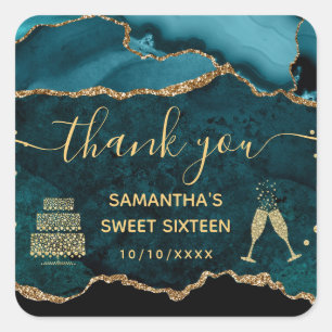 Teal & Goud Nep Glitter Agate Marmer Sweet 16 Vierkante Sticker