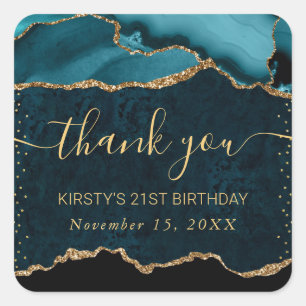 Teal & Goud Nep Glitter Agate Marmer Verjaardag Vierkante Sticker