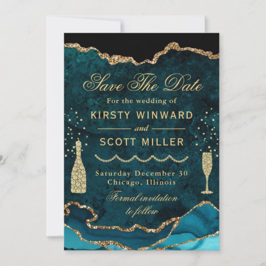 Teal & Goud Nep Glitter Marmer Agate Huwelijk Save The Date (Voorkant)