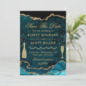 Teal & Goud Nep Glitter Marmer Agate Huwelijk Save The Date (Staand voorkant)