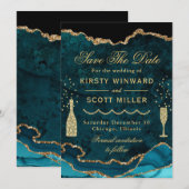 Teal & Goud Nep Glitter Marmer Agate Huwelijk Save The Date (Voorkant / Achterkant)