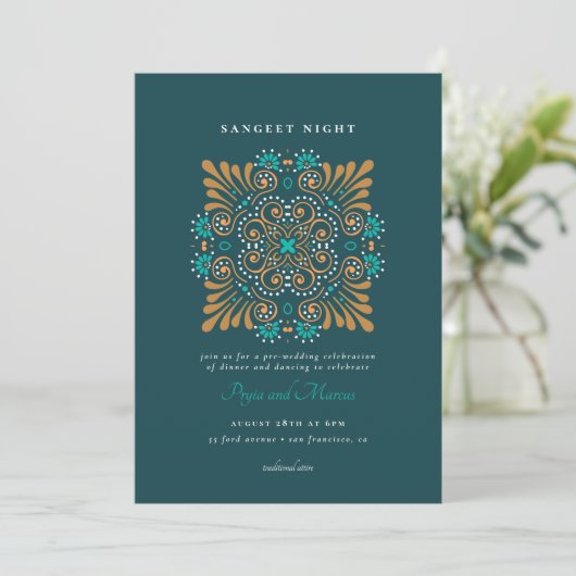 Teal Goud Witte Mandala Mehndi Sangeet Kaart (Staand voorkant)