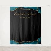 Teal Gouden Agate Rand Donkere Trouw Foto Booth Wandkleed (Voorkant)