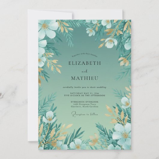 Teal Gouden Blad Huwelijk Kaart (Voorkant)