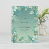 Teal Gouden Blad Huwelijk Kaart (Staand voorkant)