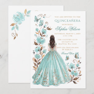Teal Gouden Bloemenkroon Prinses Vlinder Quinceañe Kaart
