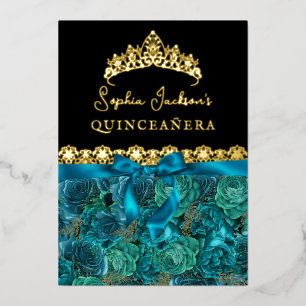 Teal Gouden Bloemige Roze Quinceanera Folie Uitnodiging