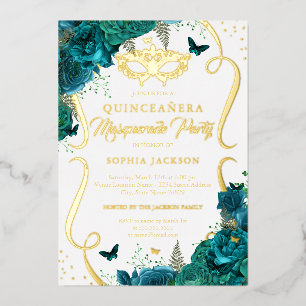 Teal Gouden Bloemrijke Scroll Maskerade Quinceaner Folie Uitnodiging