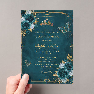Teal Gouden Bloemvlinder Quinceañera Acryl Uitnodigingen