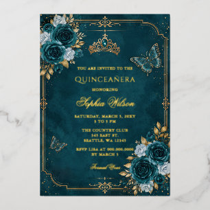 Teal Gouden Bloemvlinder Quinceañera Folie Uitnodiging