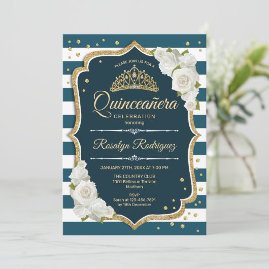 Teal Gouden Elegante Quinceanera Kaart (Staand voorkant)