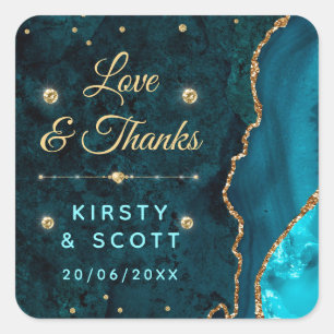 Teal & Gouden Glitter Agate en marmeren Huwelijk Vierkante Sticker
