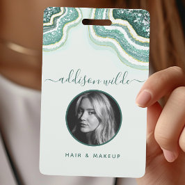 Teal Gouden Glitter Agate Geode Luxe ID Badge