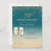 Teal Gouden Glitter Champagne 50ste Verjaardag Kaart (Voorkant)