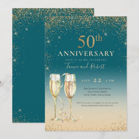 Teal Gouden Glitter Champagne 50ste Verjaardag Kaart (Voorkant / Achterkant)