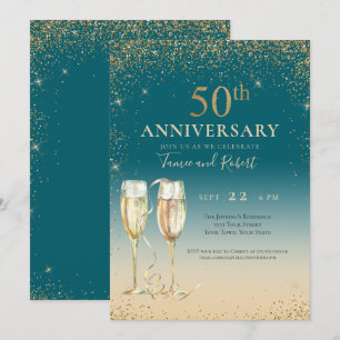 Teal Gouden Glitter Champagne 50ste Verjaardag Kaart