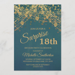 Teal Gouden Glitter Slingerlichten 18e Verjaardag Kaart