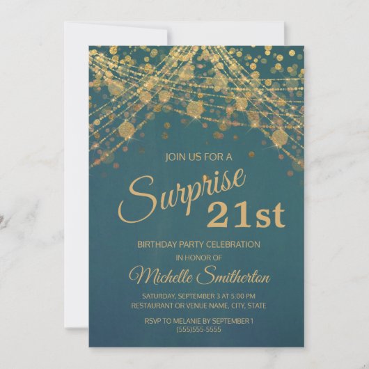 Teal Gouden Glitter Slingerlichten 21e Verjaardag Kaart (Voorkant)
