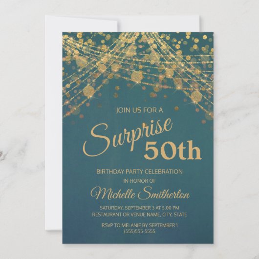 Teal Gouden Glitter Slingerlichten 50e Verjaardag Kaart (Voorkant)