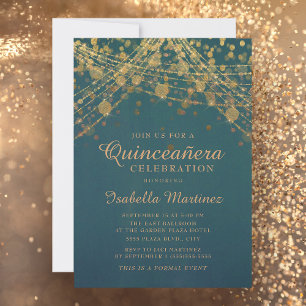 Teal Gouden Glitter Slingerlichten Quinceañera Kaart