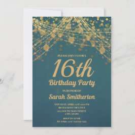 Teal Gouden Glitter Slingerlichten Sweet 16 Verjaa Kaart