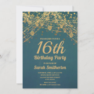 Teal Gouden Glitter Slingerlichten Sweet 16 Verjaa Kaart