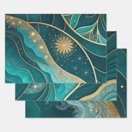 Teal Gouden Hemelse Bloem Marmer Abstract Ontwerp Inpakpapier Vel