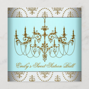 Teal Gouden Kroonluchter Klasse Sweet Sixteen Bal Kaart