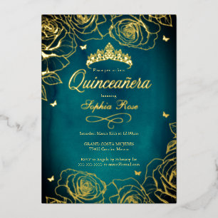 Teal Gouden Kroonrozen Thema Quinceanera Folie Uitnodiging
