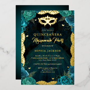 Teal Gouden Maskerade Feest Roze Jurk Quinceanera Folie Uitnodiging