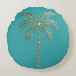 Teal Gouden Palmboom  Rond Kussen