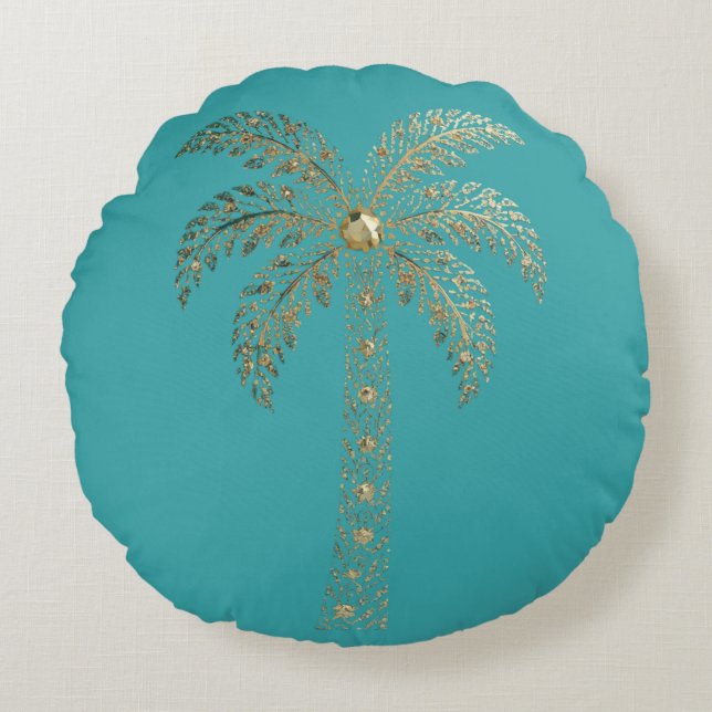 Teal Gouden Palmboom  Rond Kussen (Voorkant)