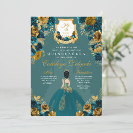 Teal & Gouden Prinsessenkasteel Quinceañera Kaart