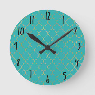 Teal & Gouden Quatrefoil Patroon Ronde Klok