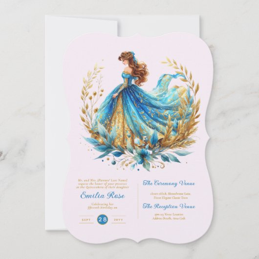 Teal Gouden Quinceanera Jurk Ceremonie Ontvangst Kaart (Voorkant)