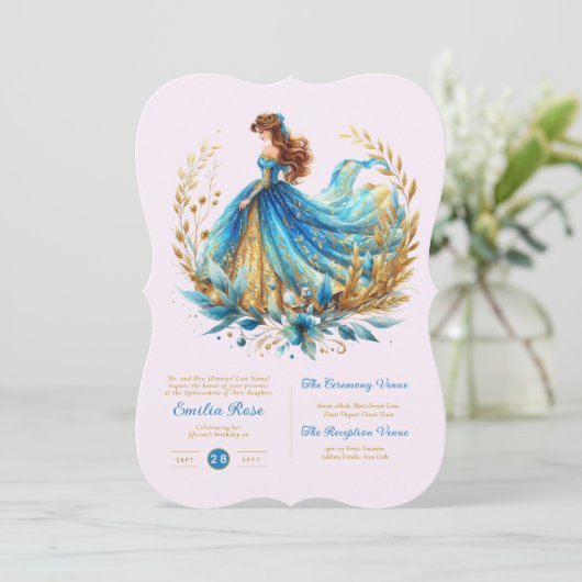 Teal Gouden Quinceanera Jurk Ceremonie Ontvangst   Kaart (Staand voorkant)