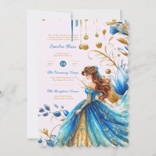 Teal Gouden Quinceanera-jurk Ceremonie Ontvangst   Kaart (Voorkant)