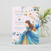 Teal Gouden Quinceanera-jurk Ceremonie Ontvangst Kaart (Staand voorkant)
