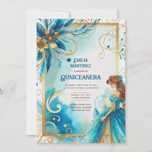 Teal Gouden Quinceañera-jurk  Kaart (Voorkant)