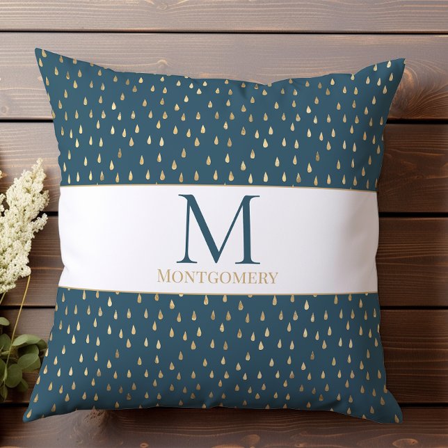 Teal Gouden Regendruppel Moderne Trendy Monogram Kussen (Creator heeft geüpload)
