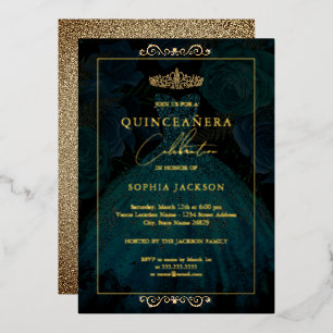 Teal Gouden Roze Jurk Quinceanera Folie Uitnodiging